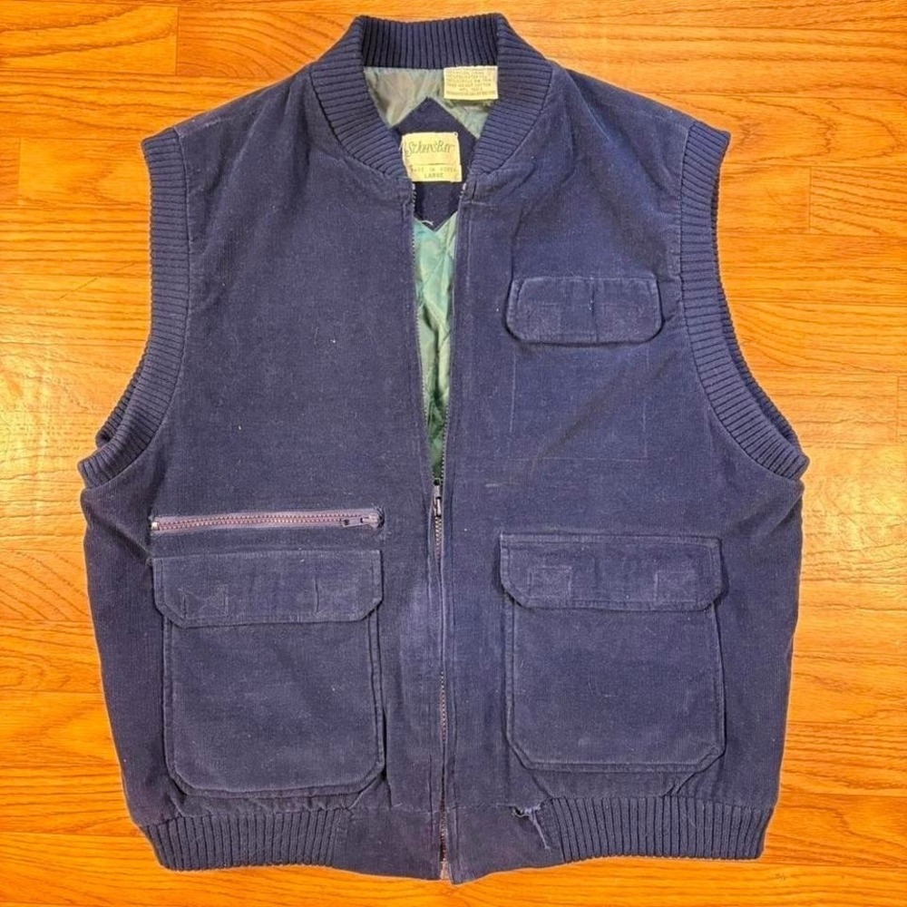 Vintage St Johns Bay Corduroy Vest Mens L Navy Quilted Lined Utility Pockets